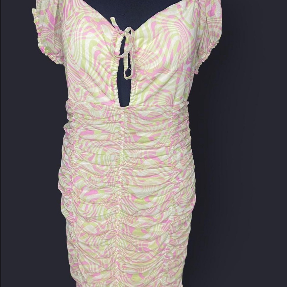 Stylish Pink and Green Ruched Dress
